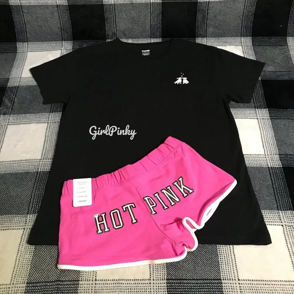 VS PINK PINK GOSSIP GLITTER COTTON MODAL MICRO SHORTS CAMPUS TEE IN SIZE LARGE - Picture 2 of 10